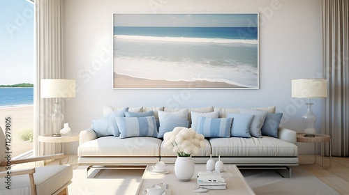 Fototapeta Naklejka Na Ścianę i Meble -  Bright minimalistic interior, contemporary design for living room with huge painting of the sea and beach on the wal