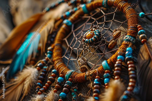 A depiction of the Native American Dreamcatcher, intricately woven with feathers and beads. photo