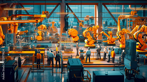 Automated industrial robots and assembly lines with workers. Postproducted generative AI illustration. photo
