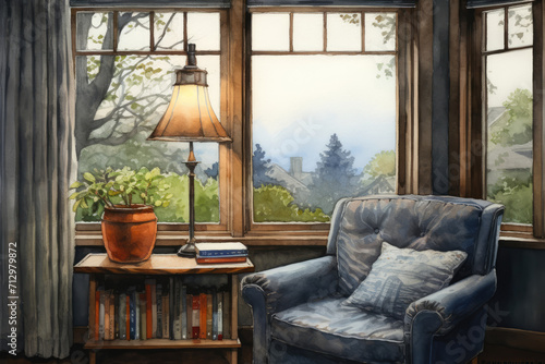 
Watercolor painting of a quiet reading nook by a window, with a rainy day outside photo