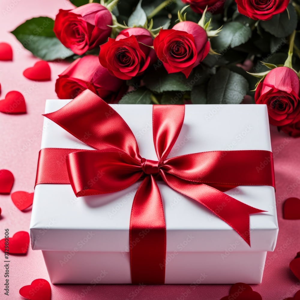 A white gift box with a red bow is framed by red roses and bokeh. Happy Valentine's Day, Mother's Day, 8 March, and Women's Day A white gift box with a red bow is framed by red roses and bokeh. Happy Valentine's Day, Mother's Day, 8 March, and Women's Day
