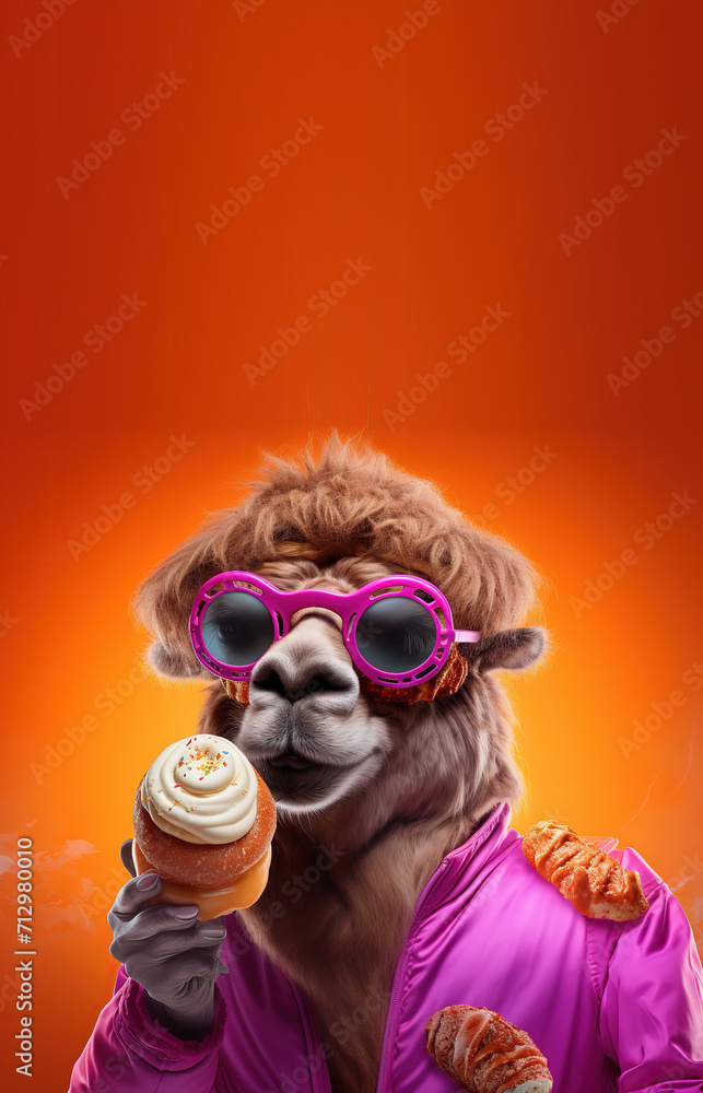 A cool camel in sunglasses chowing down on donuts