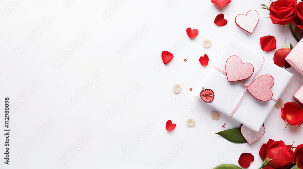Romantic Valentine's Day Background with Hearts, Flowers, and Gifts on White Surface - Top View Love Celebration Concept with Copy Space for Greeting Cards and Promotions. Romantic Valentine's Day Background with Hearts, Flowers, and Gifts on White Surface - Top View Love Celebration Concept with Copy Space for Greeting Cards and Promotions.