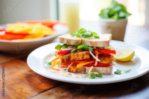 marinated tempeh sandwich with bell peppers and onions