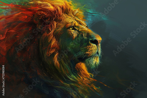 A depiction of the Rastafarian Lion of Judah  adorned with the colors of the Ethiopian flag.
