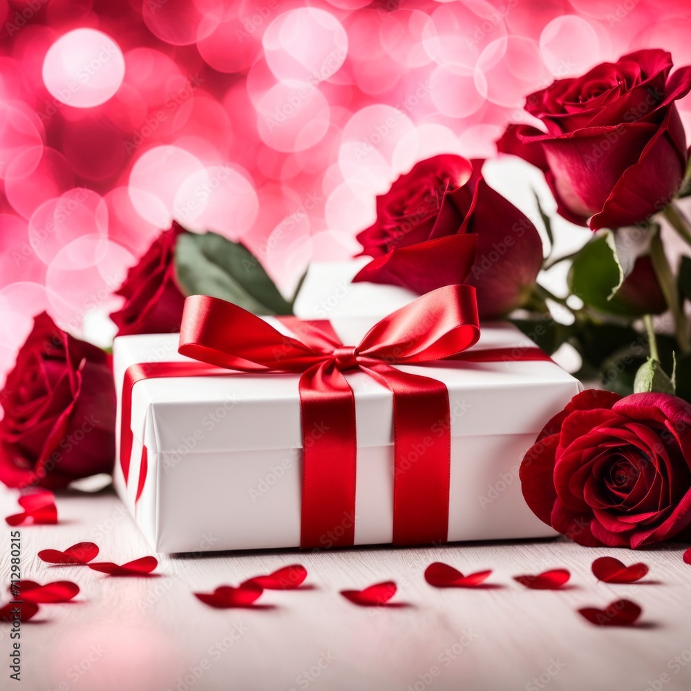 A white gift box with a red bow is framed by red roses and bokeh. Happy Valentine's Day, Mother's Day, 8 March, and Women's Day A white gift box with a red bow is framed by red roses and bokeh. Happy Valentine's Day, Mother's Day, 8 March, and Women's Day