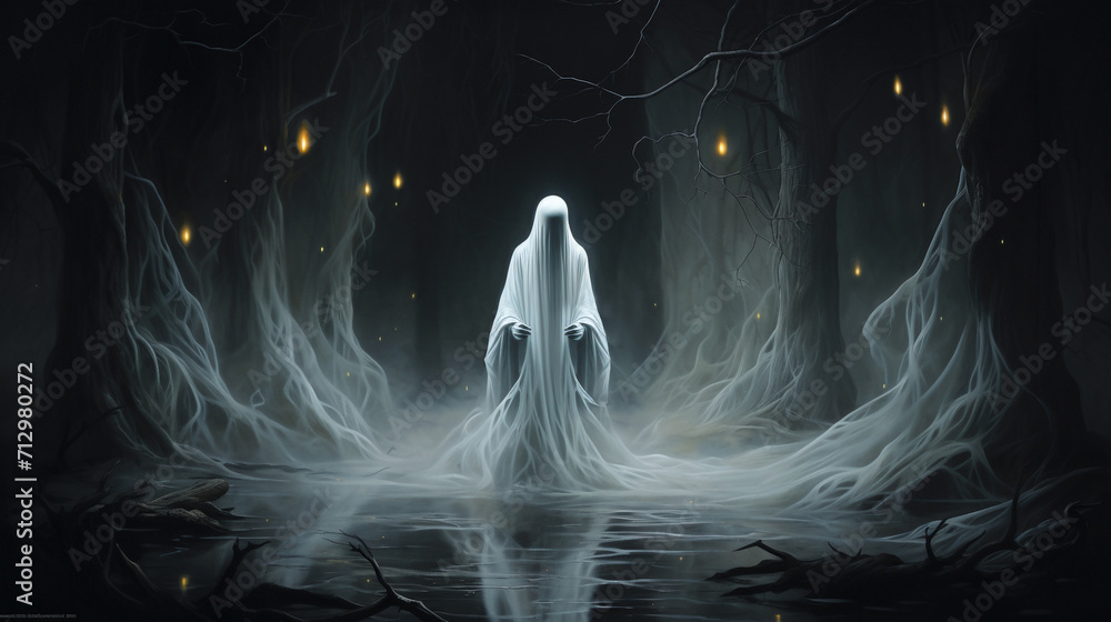 A presence ghost spirit white smoky energy in the middle of the woods - obrazy, fototapety, plakaty 