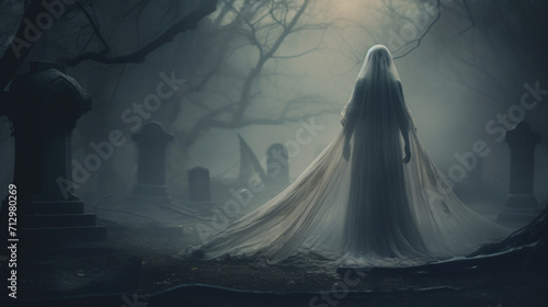 La Llorona vengeful bride ghost standing in a graveyard photo