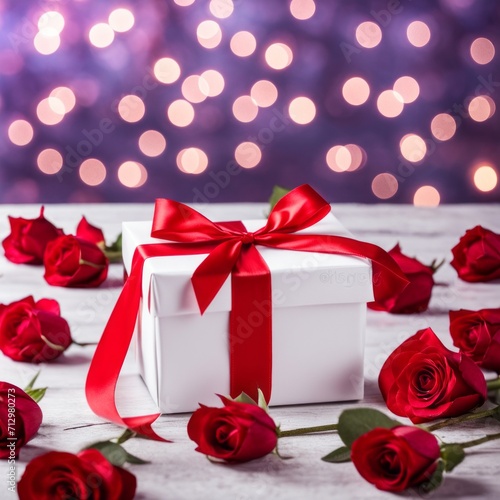 A white gift box with a red bow is framed by red roses and bokeh. Happy Valentine's Day, Mother's Day, 8 March, and Women's Day © shaadjutt36