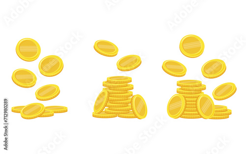 Coins. Falling coins, falling money, flying gold coins, golden rain. Stack of gold coins. Golden coin pile, money stacks and golds piles.