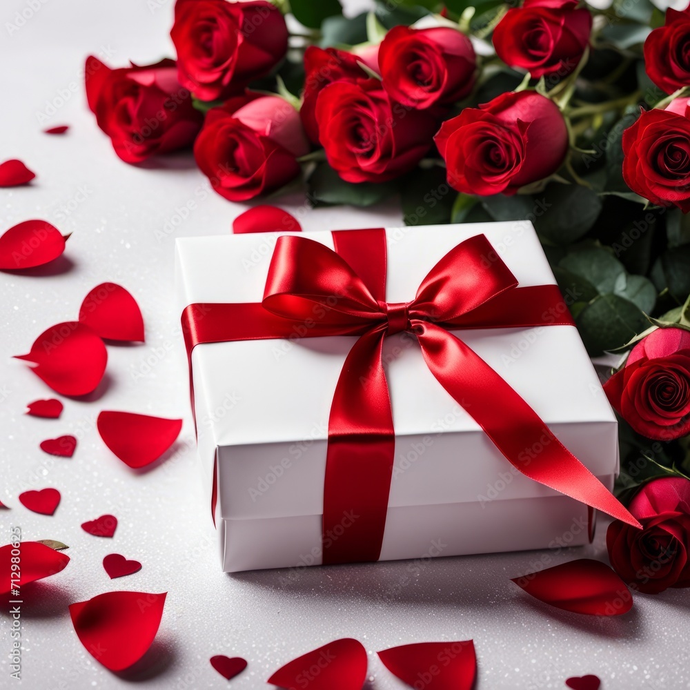 A white gift box with a red bow is framed by red roses and bokeh. Happy Valentine's Day, Mother's Day, 8 March, and Women's Day A white gift box with a red bow is framed by red roses and bokeh. Happy Valentine's Day, Mother's Day, 8 March, and Women's Day