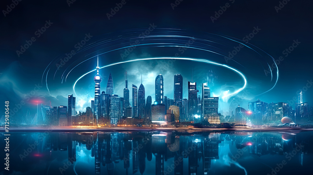 Futuristic city skyline at night behind crystal clear river. Postproducted generative AI illustration. Futuristic city skyline at night behind crystal clear river. Postproducted generative AI illustration.