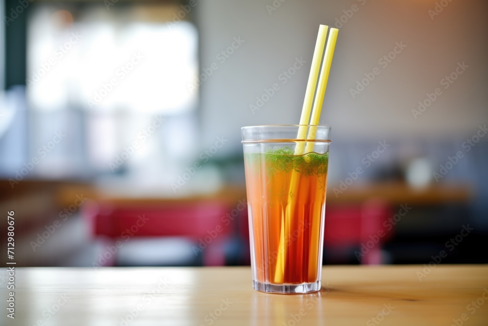 glass of cold-pressed juice with a biodegradable straw, focus on texture