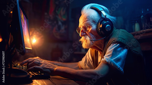 Grandfather enjoying video game playing in pension. Postproducted generative AI illustration. photo