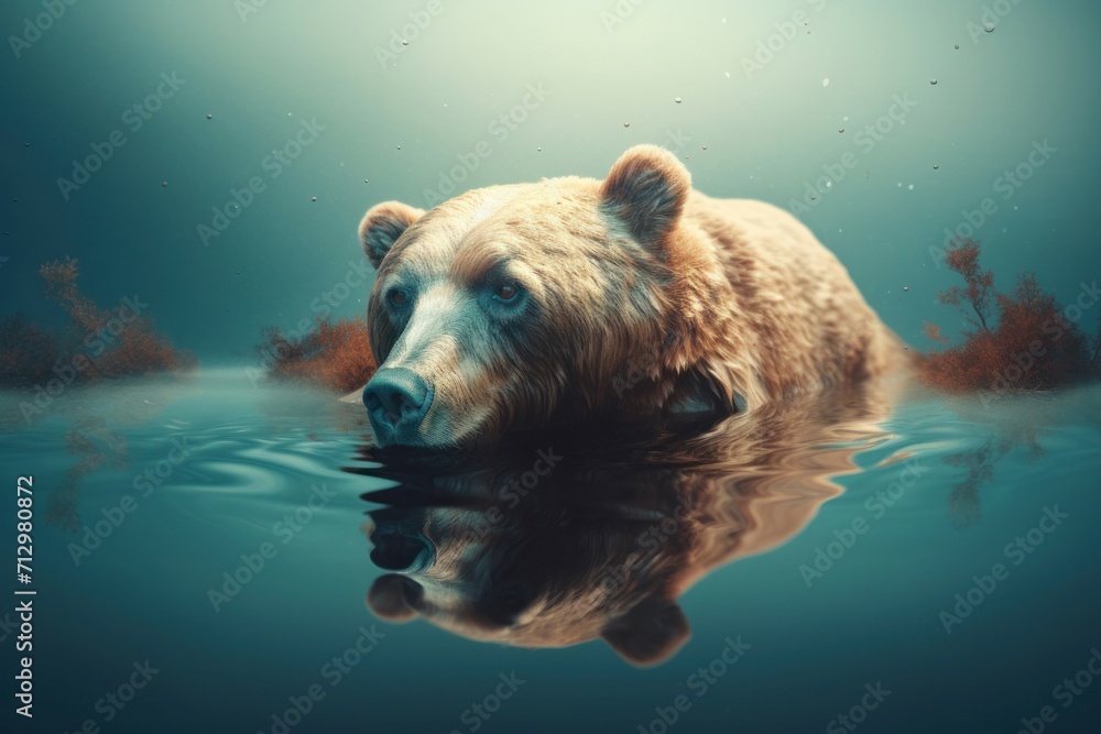 Surreal bear swimming. Brown woodland animal creature in pond water. Generate ai - obrazy, fototapety, plakaty 