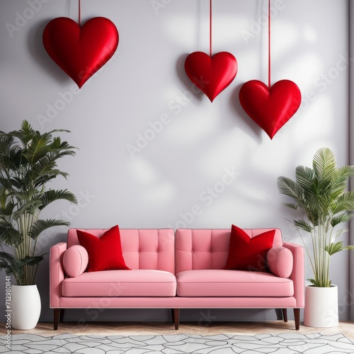 A heart-shaped red rose on a wall for Valentine's Day. Interior home decor black sofa with red cushions.