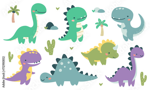 Set of flat vector illustrations in children's style. Cute kind dinosaurs, palm trees and cacti. . Vector illustration