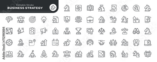 Set of line icons in linear style. Series - Strategy and business. Goal achievement, financial strategy, management and planning. Outline icon collection. Conceptual pictogram and infographic.