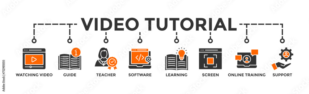 Video tutorial banner web icon vector illustration concept with icon of watching video, guide, teacher, software, learning, screen recording, online training, support Video tutorial banner web icon vector illustration concept with icon of watching video, guide, teacher, software, learning, screen recording, online training, support
