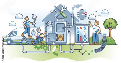 Furnace repair and professional heating system maintenance outline concept. HVAC service for effective hot burning process and temperature control vector illustration. Plumber and boiler technician.