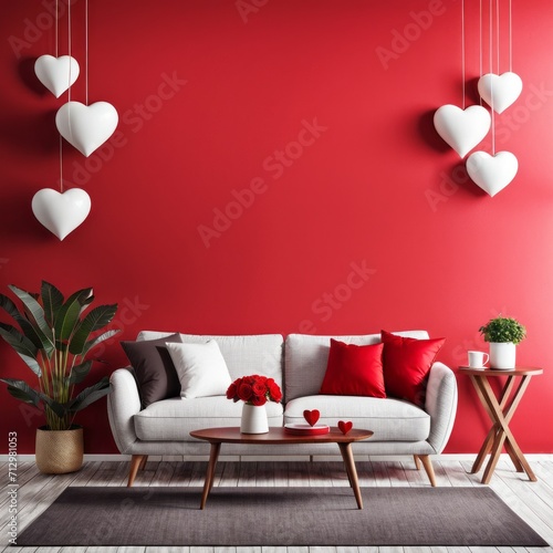 A heart-shaped red rose on a wall for Valentine's Day. Interior home decor black sofa with red cushions.