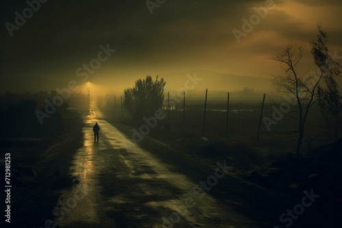 eerie evening, solitary person strolling along desolate road. Generative AI