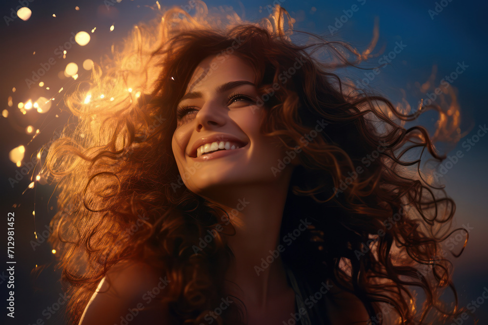 Sunlit Beauty: A Happy, Young Female Model with Curly Hair Smiling in a Casual Summer Fashion, Enjoying the Freedom and Joy of the Outdoors in a Romantic Sunset Park