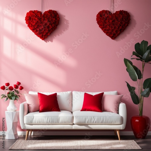 A heart-shaped red rose wreath on a wall for Valentine's Day. Interior home decor black sofa with red cushions.