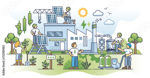 Industrial decarbonization and green energy transformation outline concept. Factory with sustainable and nature friendly power source vector illustration. Renewable resource usage for manufacturing.