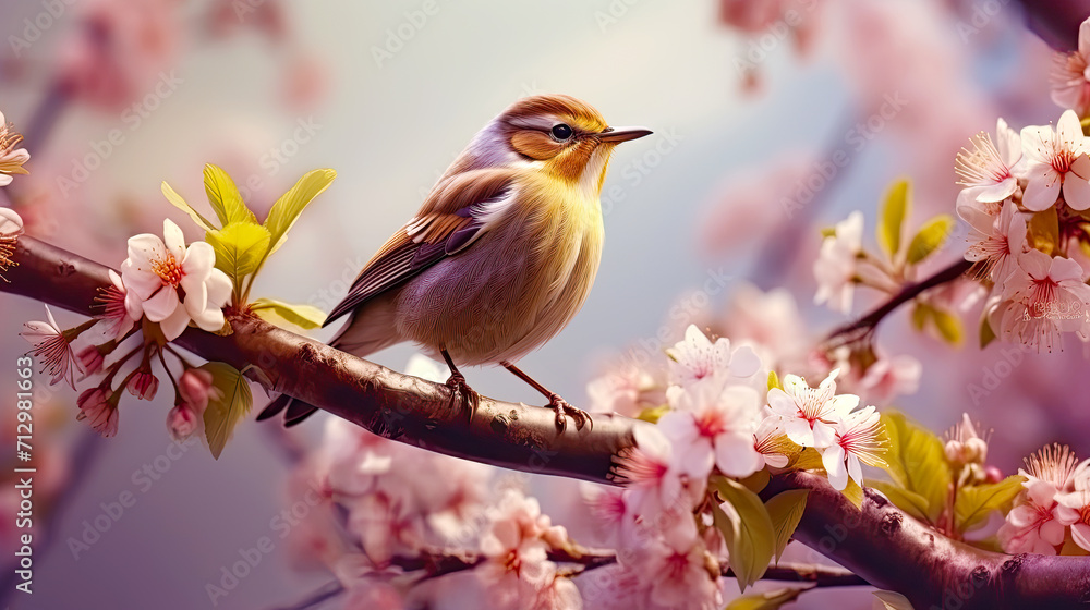Nightingale bird sitting on blooming cherry branch. Postproducted generative AI illustration. Nightingale bird sitting on blooming cherry branch. Postproducted generative AI illustration.