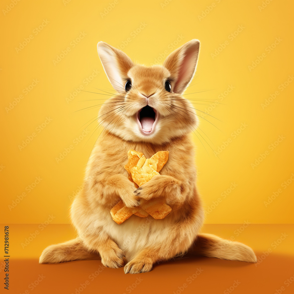 Obraz premium A relaxed rabbit making faces and eating