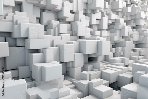 Well-organized block wall with varying sizes, in shades of white and grey. Futuristic wallpaper created using advanced technology. Rendered in 3D. Generative AI © Emily