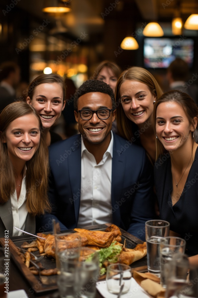 Group of colleagues enjoying a business dinner at a restaurant in a foreign city, building connections during their travels, Generative AI Group of colleagues enjoying a business dinner at a restaurant in a foreign city, building connections during their travels, Generative AI