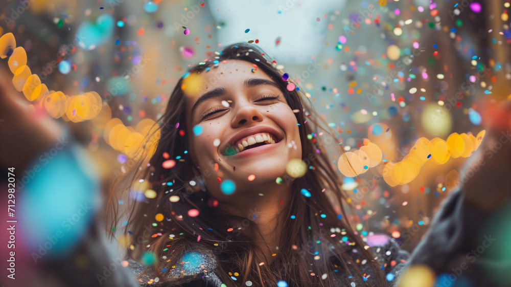 a women is smilling as confetti rains down all around her a women is smilling as confetti rains down all around her
