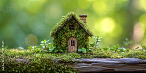 A miniature moss covered house on a wooden surface with a soft focused green background.