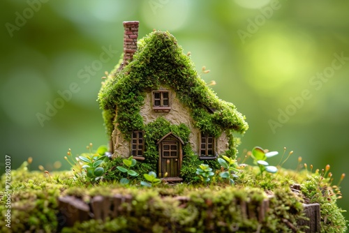 A miniature moss covered house on a wooden surface with a soft focused green background. © ParinApril