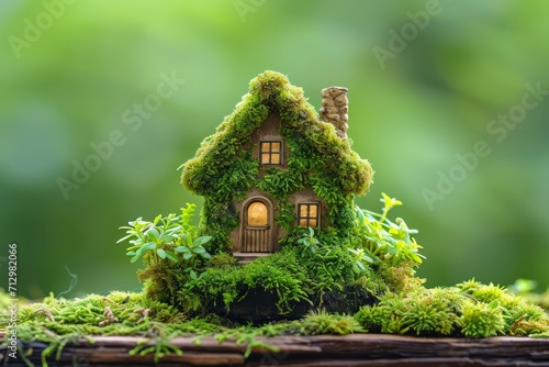 A miniature moss covered house on a wooden surface with a soft focused green background.