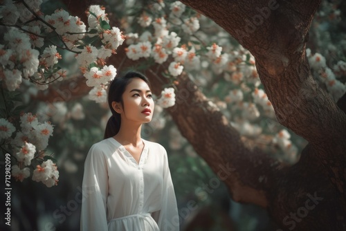 Photographie Thai lady standing in spring cherry garden
