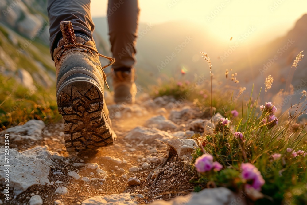 Close up of a hiker feet on a mountain trail at sunset. - obrazy, fototapety, plakaty 