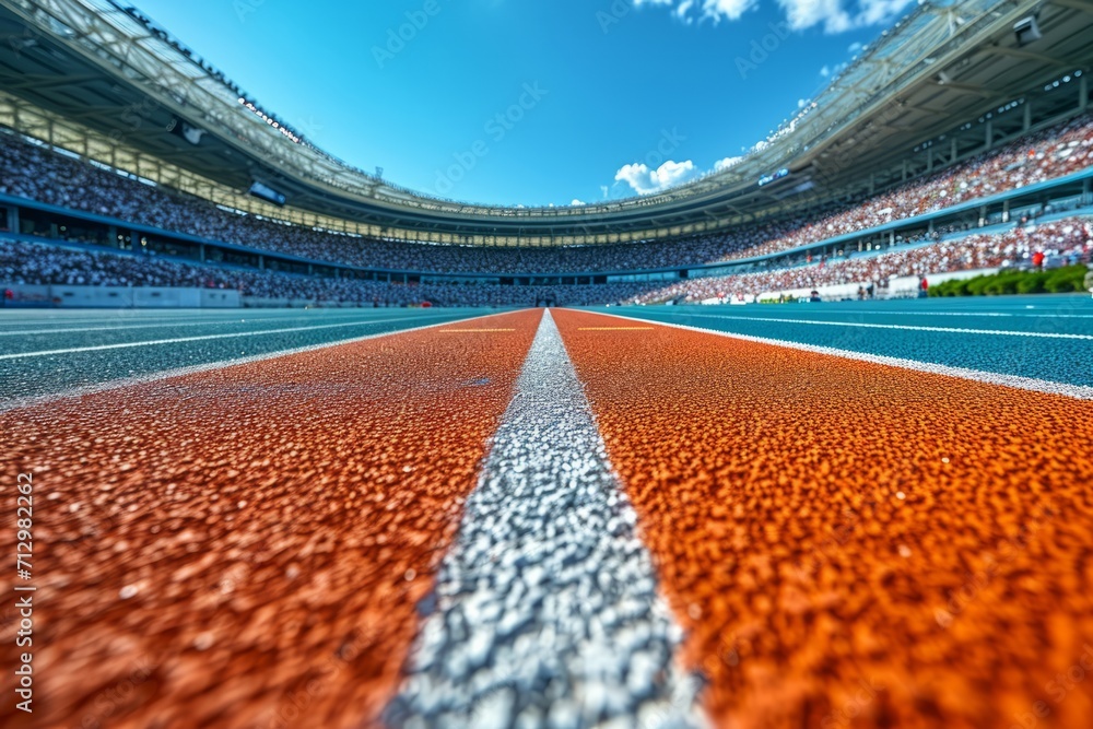 Naklejka premium Empty athletic running tracks in a stadium filled with spectators.