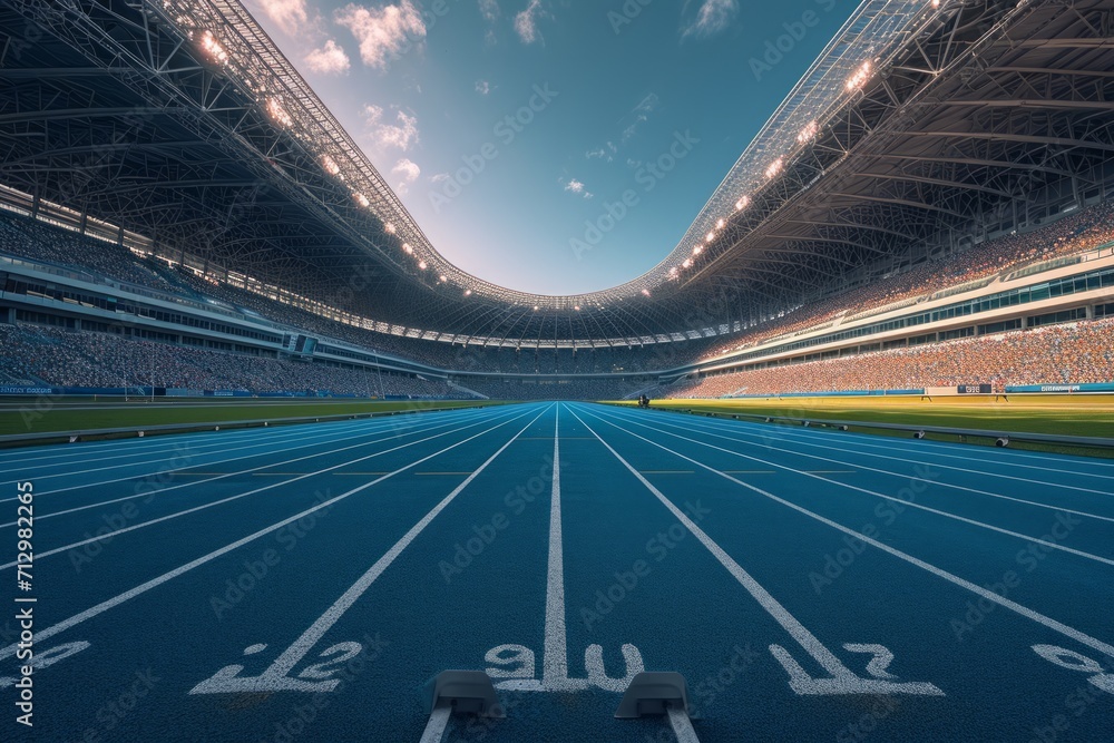 Empty athletic running tracks in a stadium filled with spectators. Empty athletic running tracks in a stadium filled with spectators.