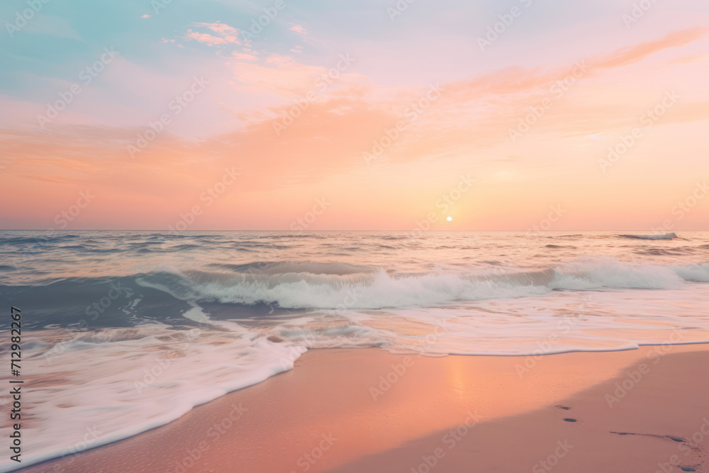 
Photo of a serene beach at sunset with a clear peach fuzz colored sky
