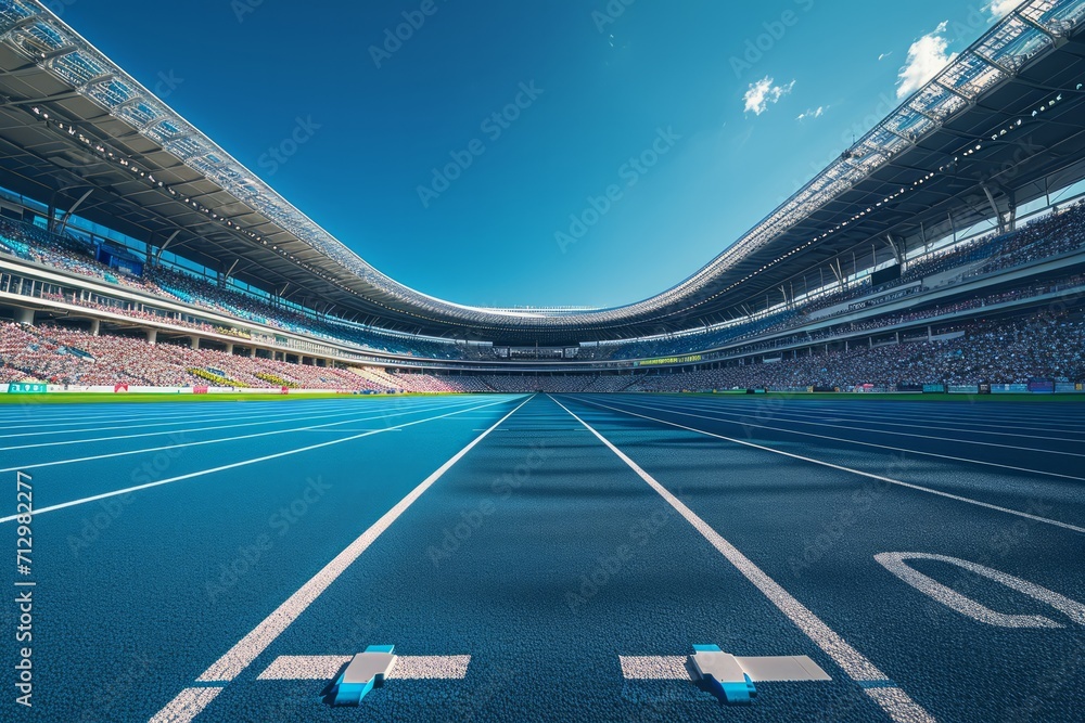 Empty athletic running tracks in a stadium filled with spectators. - obrazy, fototapety, plakaty 