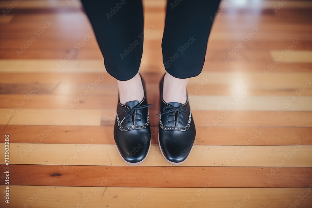 tap dancers feet closeup, black shoes on wooden floor tap dancers feet closeup, black shoes on wooden floor