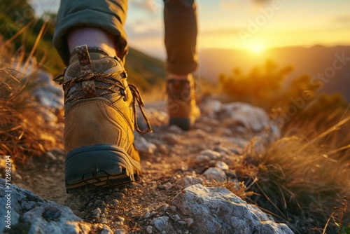 Close up of a hiker feet on a mountain trail at sunset. © ParinApril