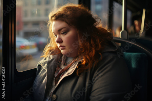 
Photo of a portly woman sitting on a city bus, looking out the window with a forlorn expression, with a blurred cityscape outside photo