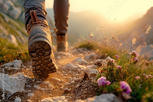 Close up of a hiker feet on a mountain trail at sunset. photo