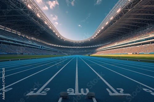 Empty athletic running tracks in a stadium filled with spectators. © ParinApril