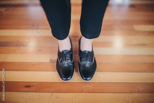 tap dancers feet closeup, black shoes on wooden floor