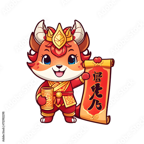 a cartoon character of a dragon holding a scroll and scroll, traditional tai costume, holding origami qilin, sticker design, red suit, frontal pose. Happy Chinese New Year. Happy Lunar New Year photo